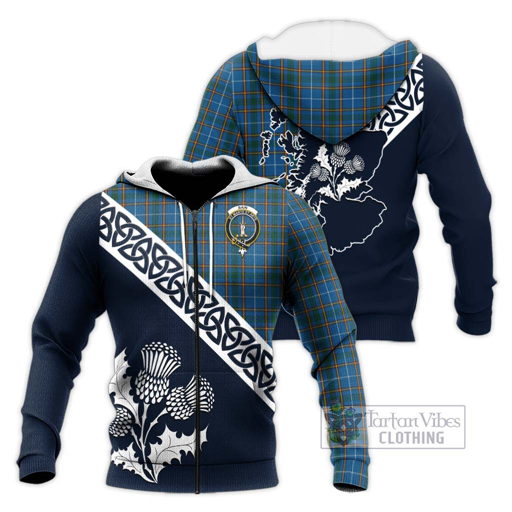 Tartan Vibes Clothing Bain Tartan Knitted Hoodie Featuring Thistle and Scotland Map