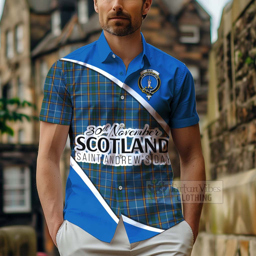 Tartan Vibes Clothing Bain Family Crest Tartan Short Sleeve Button Shirt Celebrate Saint Andrew's Day in Style