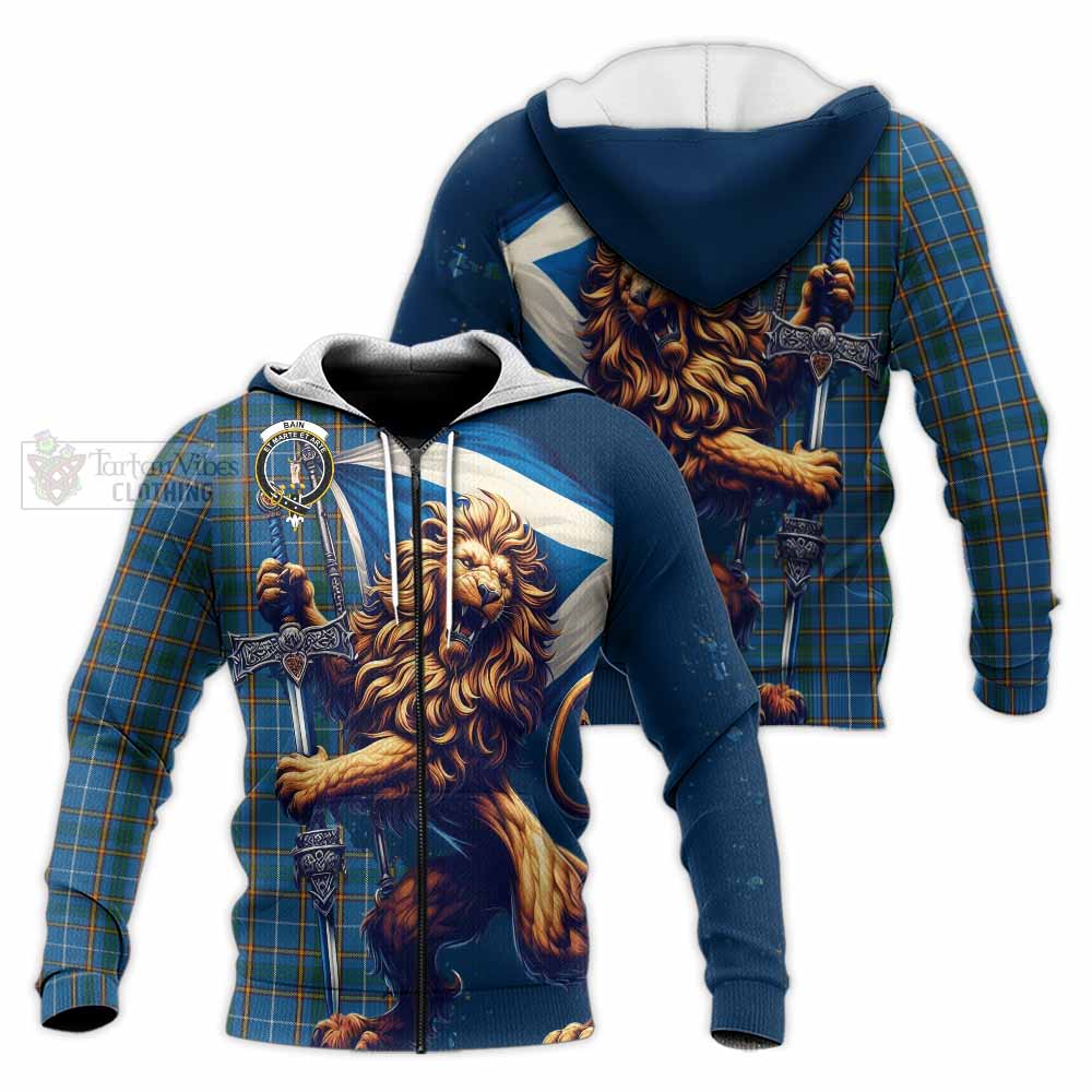 Tartan Vibes Clothing Bain Tartan Family Crest Knitted Hoodie with Scottish Majestic Lion