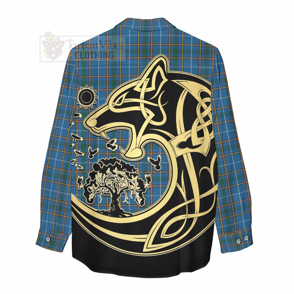 Tartan Vibes Clothing Bain Tartan Women's Casual Shirt with Family Crest Celtic Wolf Style