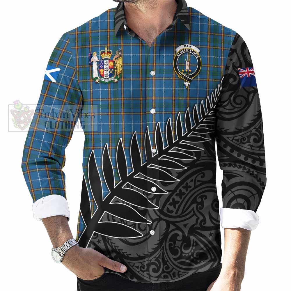 Tartan Vibes Clothing Bain Crest Tartan Long Sleeve Button Shirt with New Zealand Silver Fern Half Style