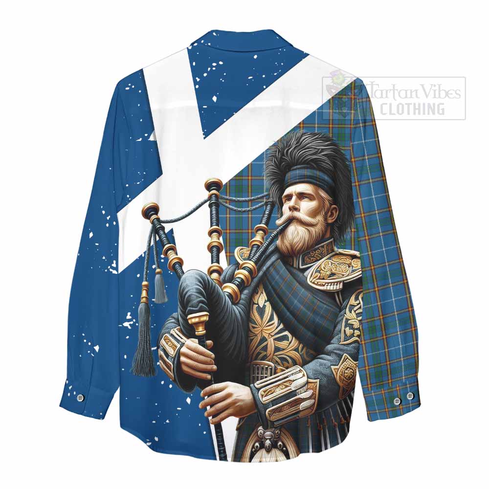 Tartan Vibes Clothing Bain Tartan Women's Casual Shirt with Family Crest Scottish Bagpiper Vibes