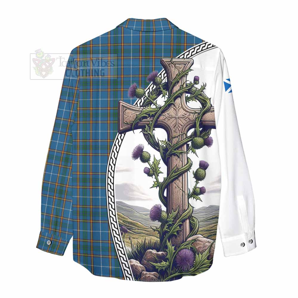 Tartan Vibes Clothing Bain Tartan Women's Casual Shirt with Family Crest and St. Andrew's Cross Accented by Thistle Vines