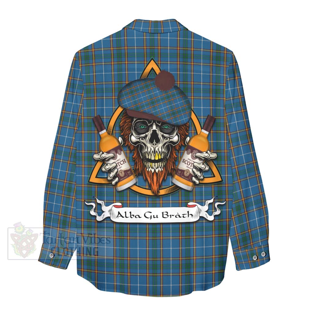 Tartan Vibes Clothing Bain Tartan Women's Casual Shirt with Family Crest and Bearded Skull Holding Bottles of Whiskey