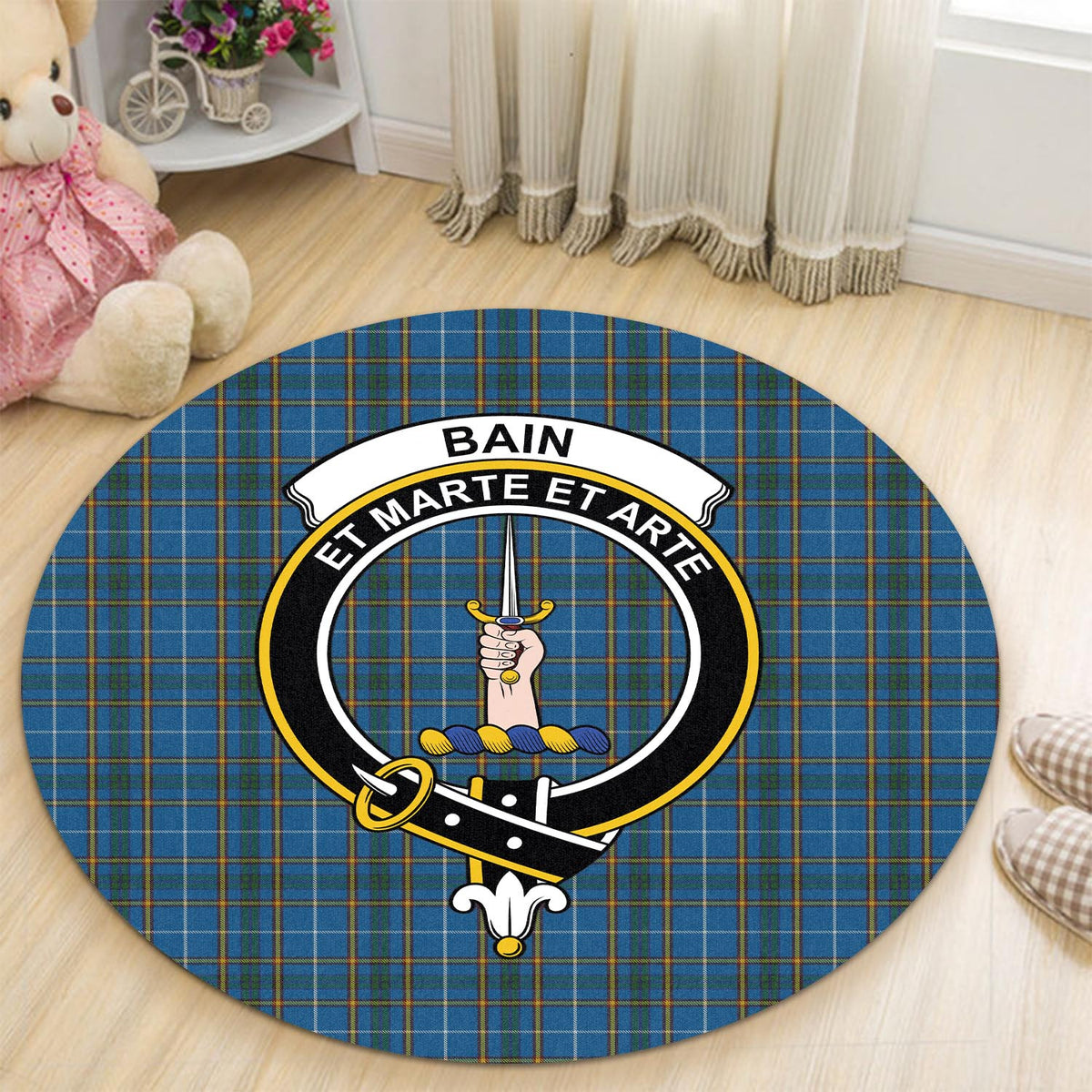 Bain Tartan Round Rug with Family Crest - Tartan Vibes Clothing