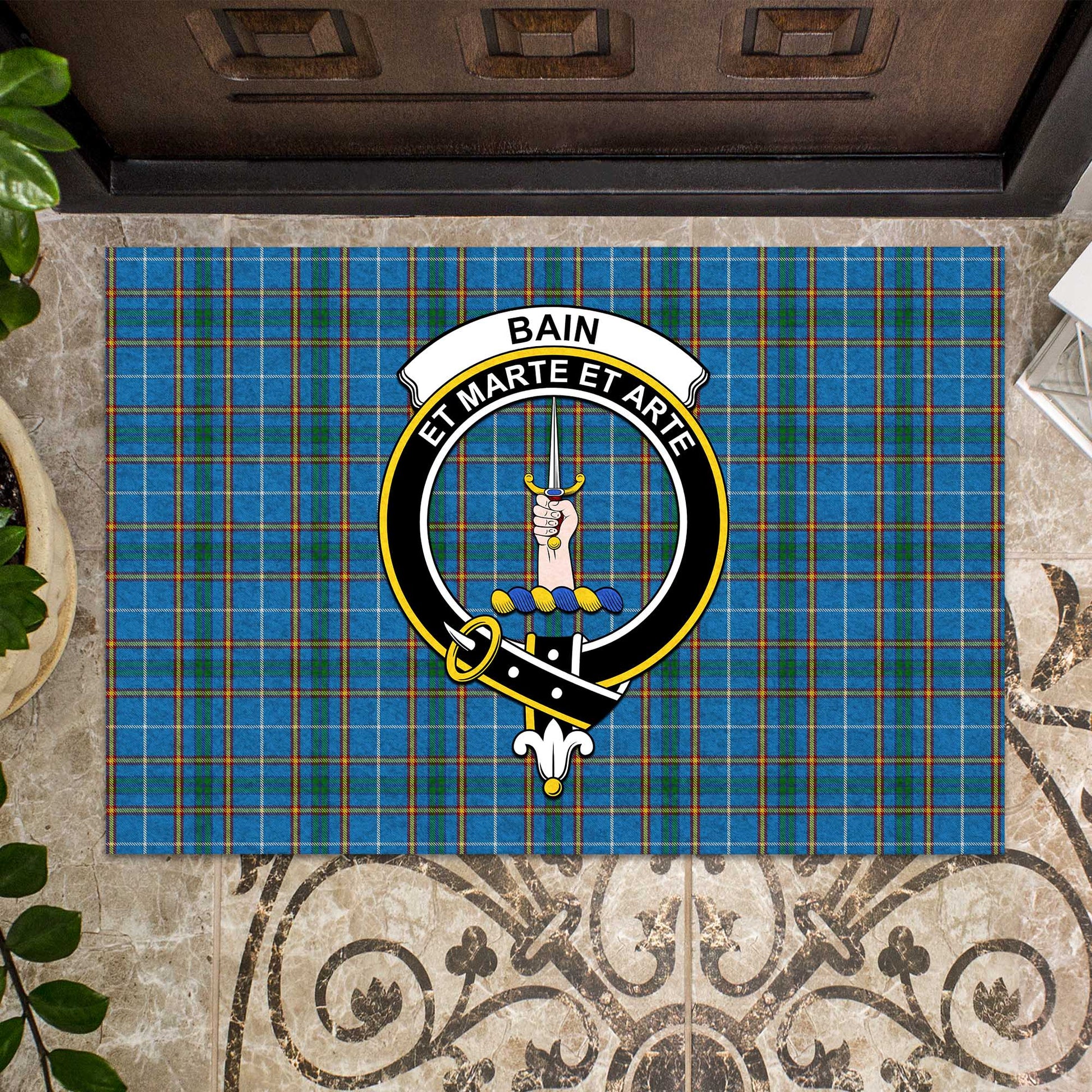 Bain Tartan Door Mat with Family Crest - Tartanvibesclothing