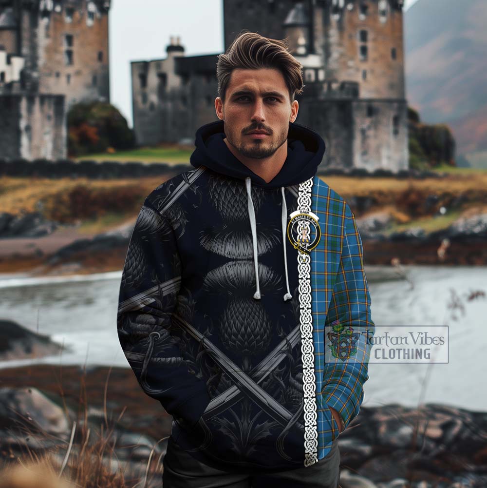 Bain Tartan Cotton Hoodie with Family Crest Cross Sword Thistle Celtic Vibes - Tartan Vibes Clothing