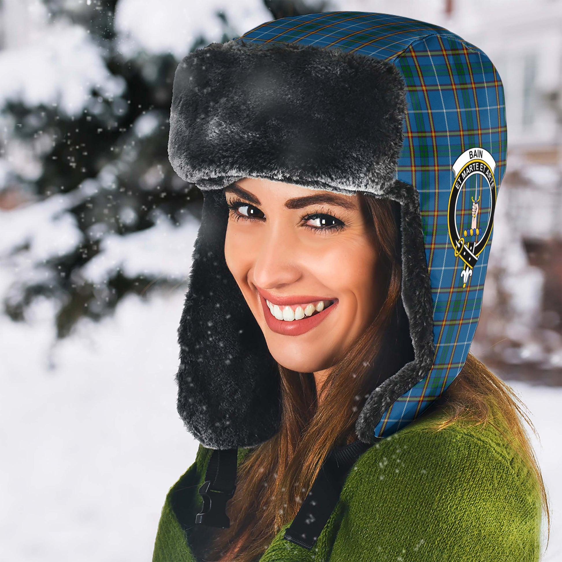 Bain Tartan Winter Trapper Hat with Family Crest - Tartanvibesclothing