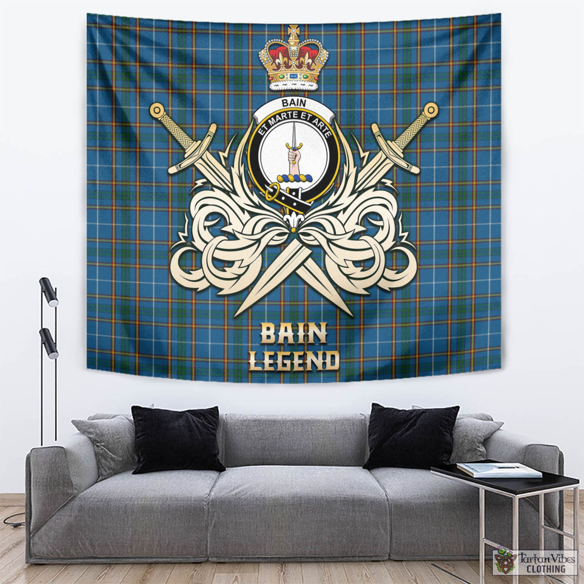 Tartan Vibes Clothing Bain Tartan Tapestry with Clan Crest and the Golden Sword of Courageous Legacy