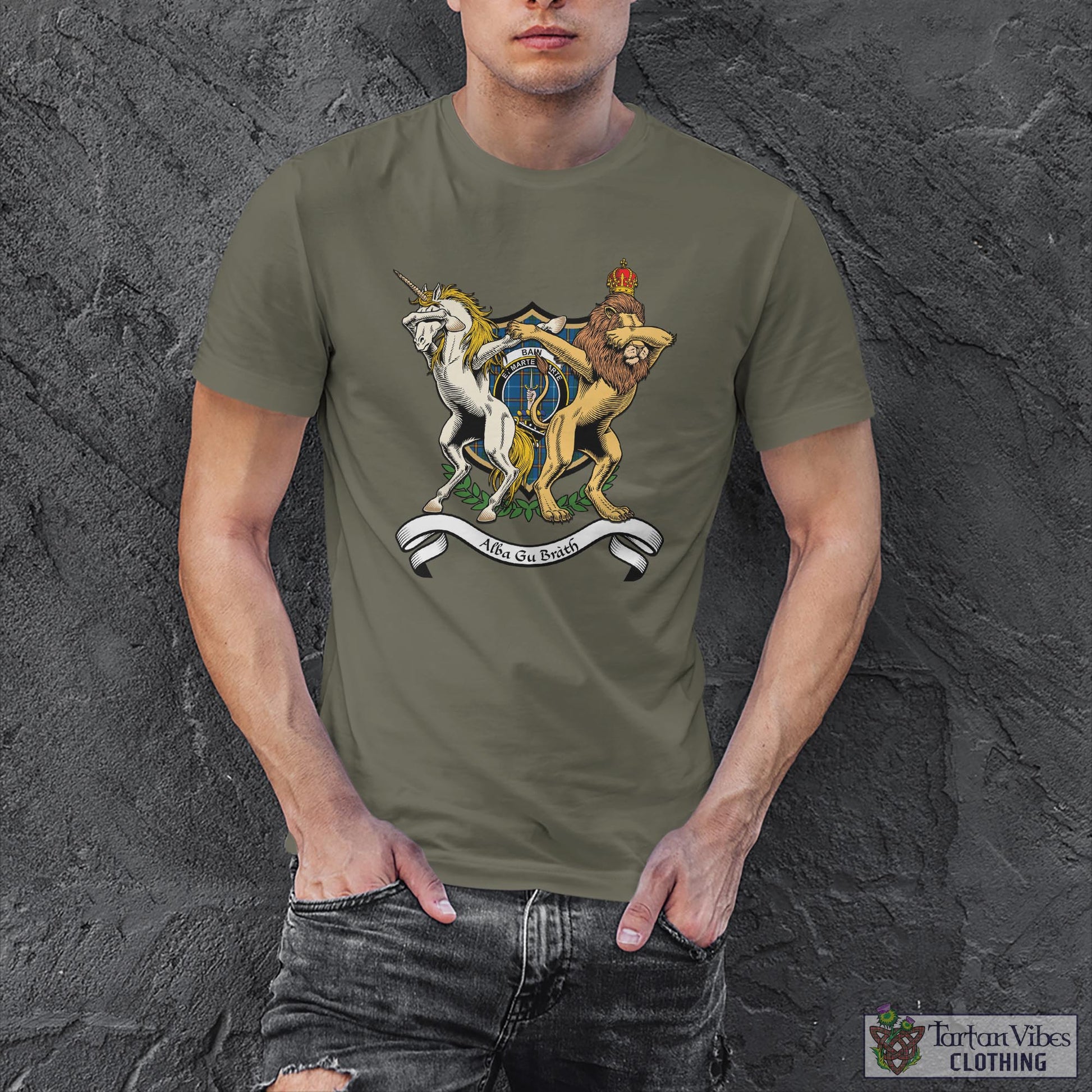 Tartan Vibes Clothing Bain Family Crest Cotton Men's T-Shirt with Scotland Royal Coat Of Arm Funny Style