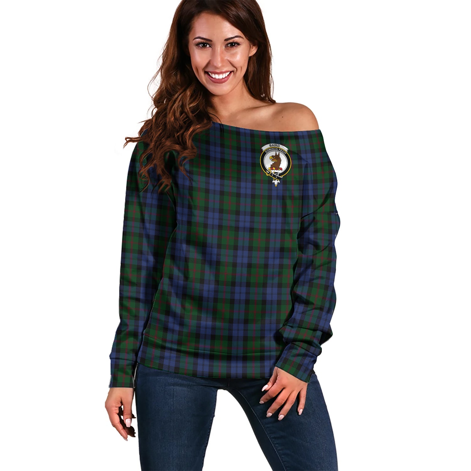 Baird Tartan Off Shoulder Women Sweater with Family Crest Women - Tartanvibesclothing