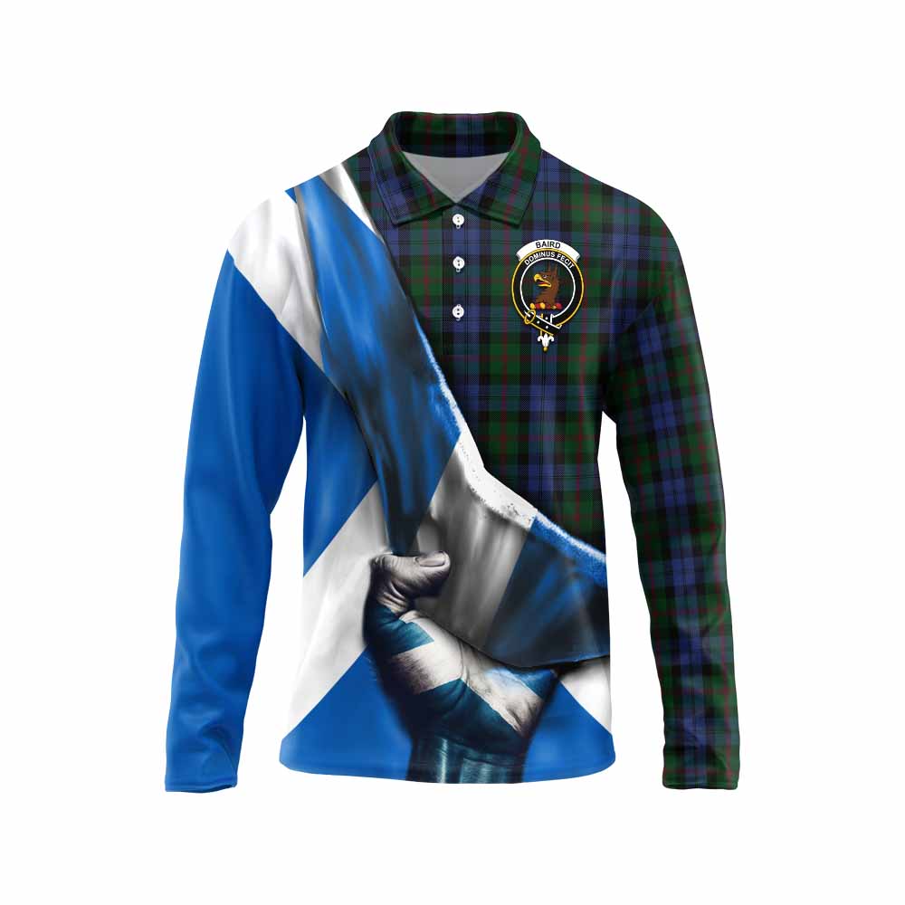 Tartan Vibes Clothing Baird Tartan Long Sleeve Polo Shirt with Family Crest Scotland Patriotic Style