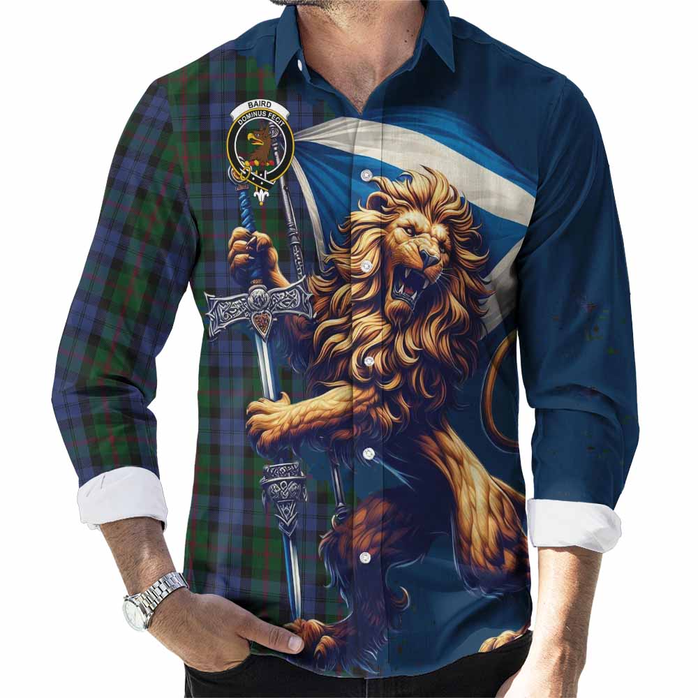 Tartan Vibes Clothing Baird Tartan Family Crest Long Sleeve Button Shirt with Scottish Majestic Lion