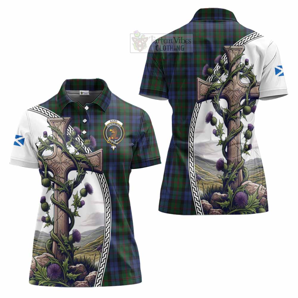 Tartan Vibes Clothing Baird Tartan Women's Polo Shirt with Family Crest and St. Andrew's Cross Accented by Thistle Vines