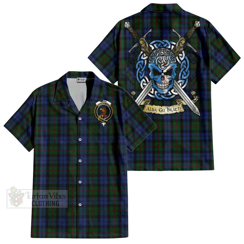 Tartan Vibes Clothing Baird Tartan Short Sleeve Button Shirt with Family Crest Celtic Skull Style