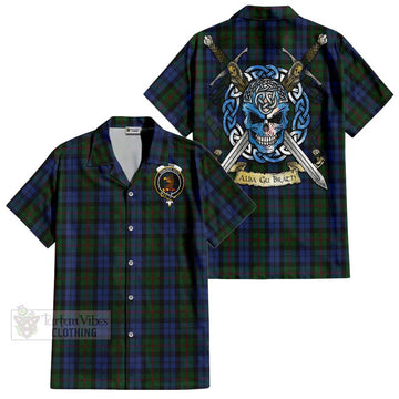 Baird Tartan Short Sleeve Button Shirt with Family Crest Celtic Skull Style