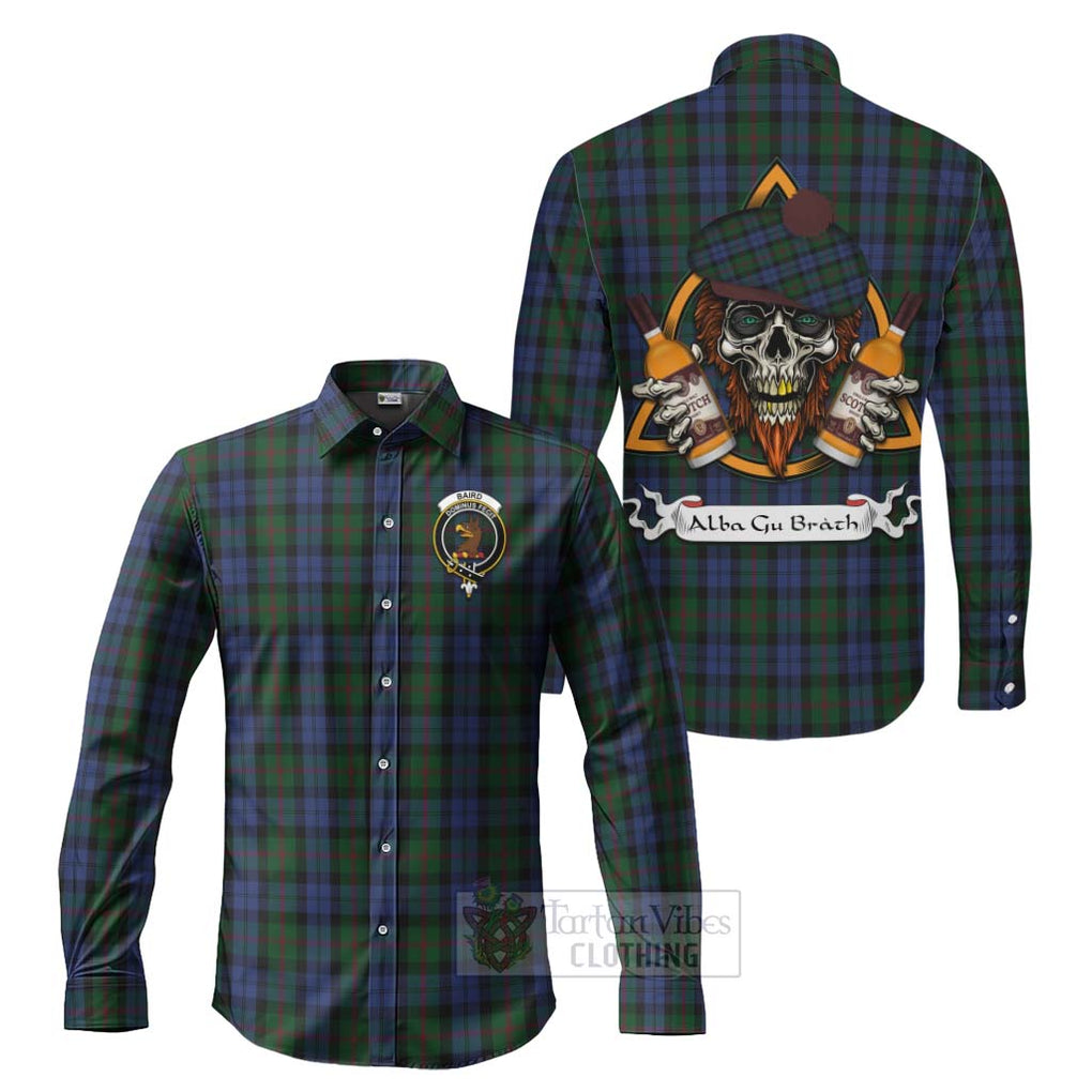 Tartan Vibes Clothing Baird Tartan Long Sleeve Button Shirt with Family Crest and Bearded Skull Holding Bottles of Whiskey