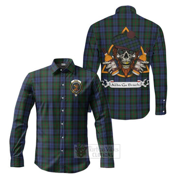 Baird Tartan Long Sleeve Button Shirt with Family Crest and Bearded Skull Holding Bottles of Whiskey