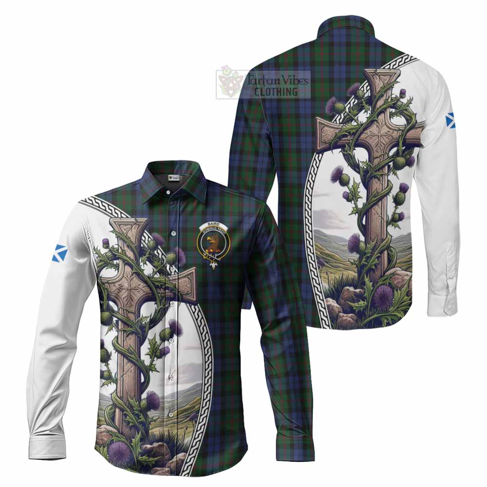 Tartan Vibes Clothing Baird Tartan Long Sleeve Button Shirt with Family Crest and St. Andrew's Cross Accented by Thistle Vines