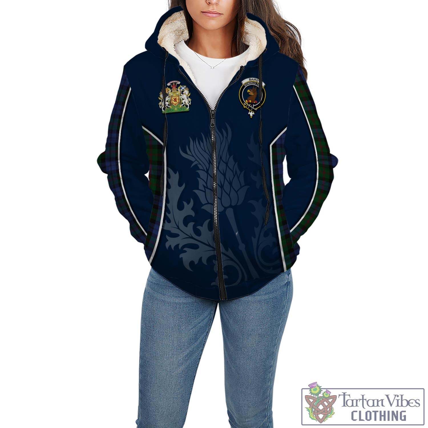 Tartan Vibes Clothing Baird Tartan Sherpa Hoodie with Family Crest and Scottish Thistle Vibes Sport Style