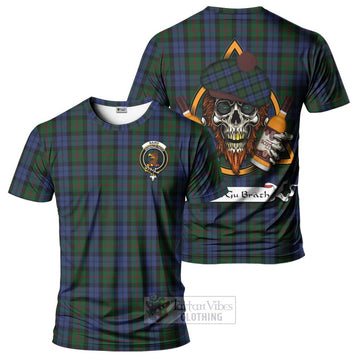 Baird Tartan T-Shirt with Family Crest and Bearded Skull Holding Bottles of Whiskey