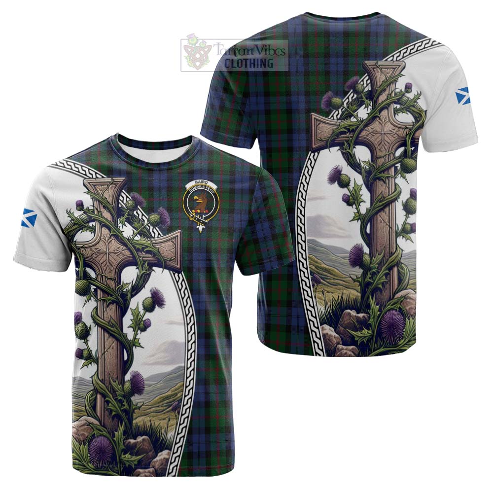 Tartan Vibes Clothing Baird Tartan Cotton T-shirt with Family Crest and St. Andrew's Cross Accented by Thistle Vines