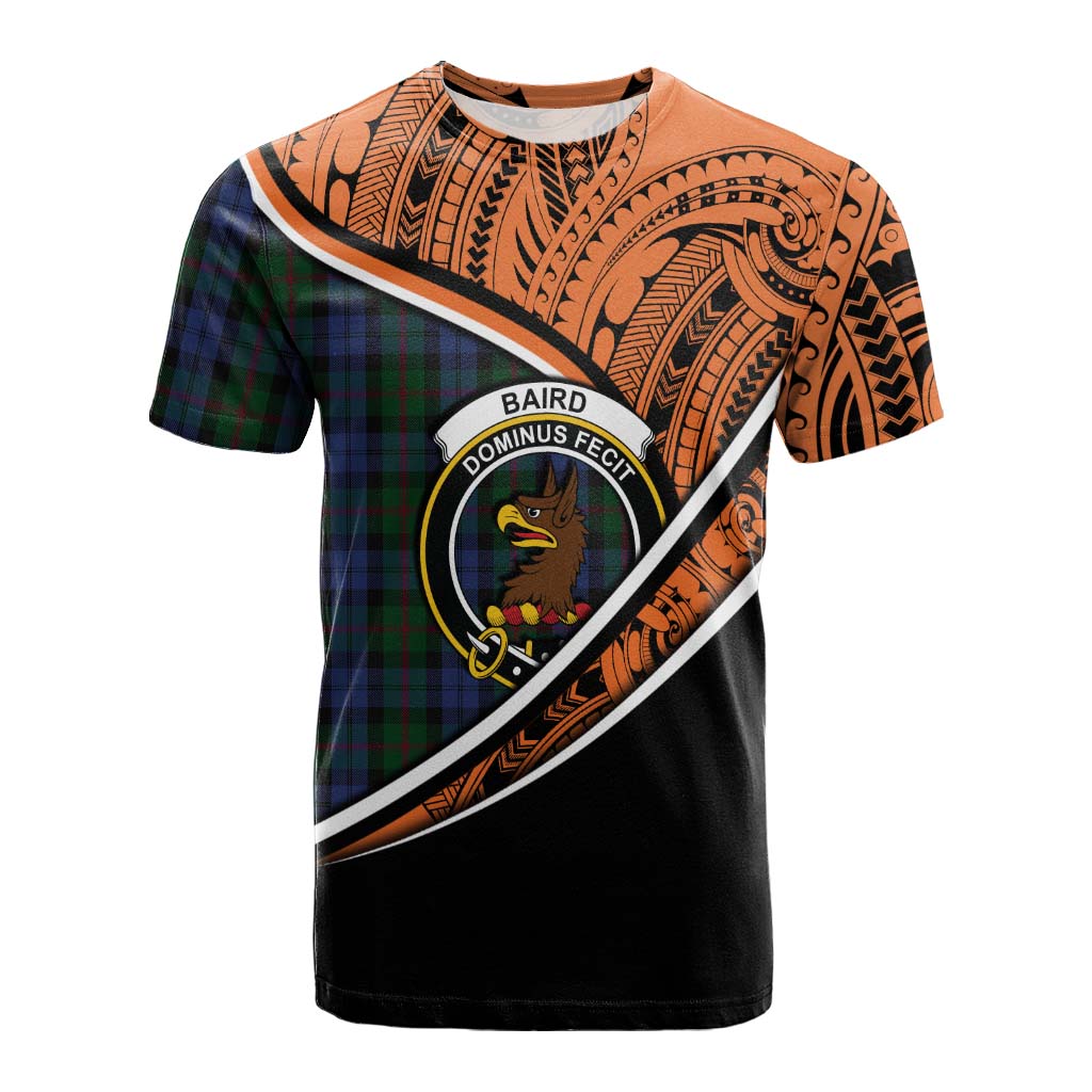 Tartan Vibes Clothing Baird Crest Tartan Cotton T-shirt with Maori Tattoo Style - Orange Version