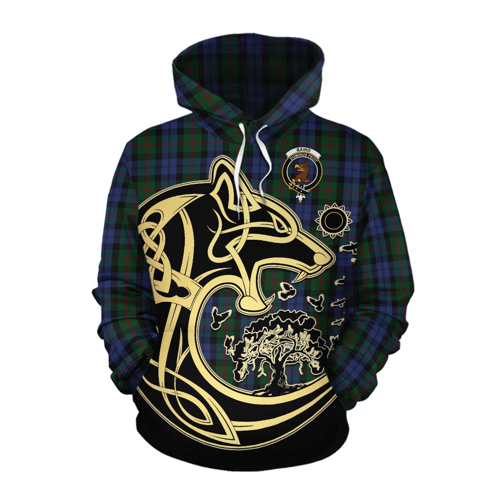 Tartan Vibes Clothing Baird Tartan Cotton Hoodie with Family Crest Celtic Wolf Style