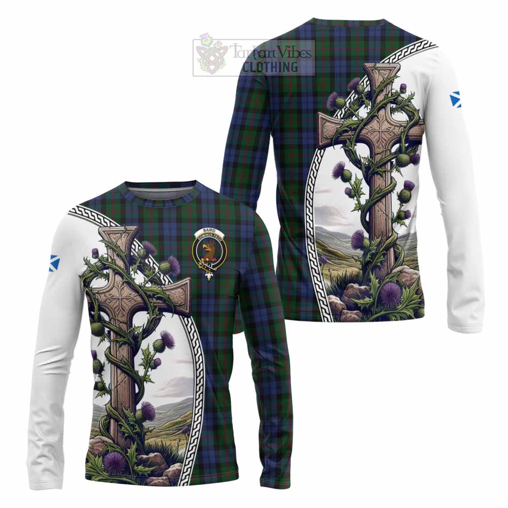 Tartan Vibes Clothing Baird Tartan Long Sleeve T-Shirt with Family Crest and St. Andrew's Cross Accented by Thistle Vines