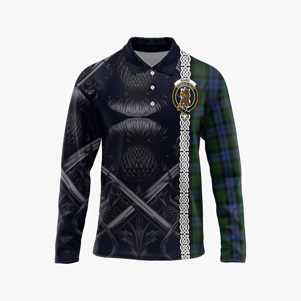 Baird Tartan Long Sleeve Polo Shirt with Family Crest Cross Sword Thistle Celtic Vibes Unisex - Tartan Vibes Clothing