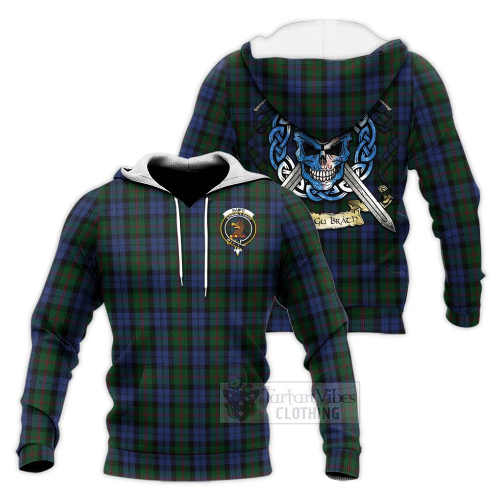 Tartan Vibes Clothing Baird Tartan Knitted Hoodie with Family Crest Celtic Skull Style