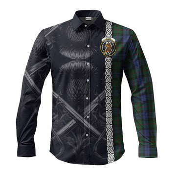 Baird Tartan Long Sleeve Button Shirt with Family Crest Cross Sword Thistle Celtic Vibes