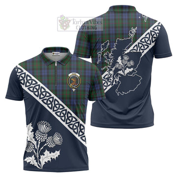 Baird Tartan Zipper Polo Shirt Featuring Thistle and Scotland Map