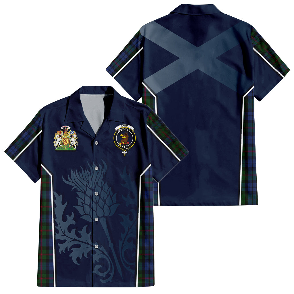 Tartan Vibes Clothing Baird Tartan Short Sleeve Button Up Shirt with Family Crest and Scottish Thistle Vibes Sport Style