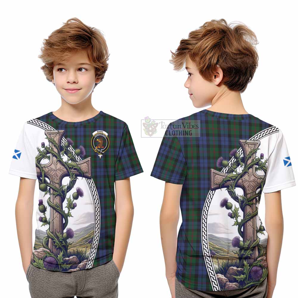 Tartan Vibes Clothing Baird Tartan Kid T-Shirt with Family Crest and St. Andrew's Cross Accented by Thistle Vines