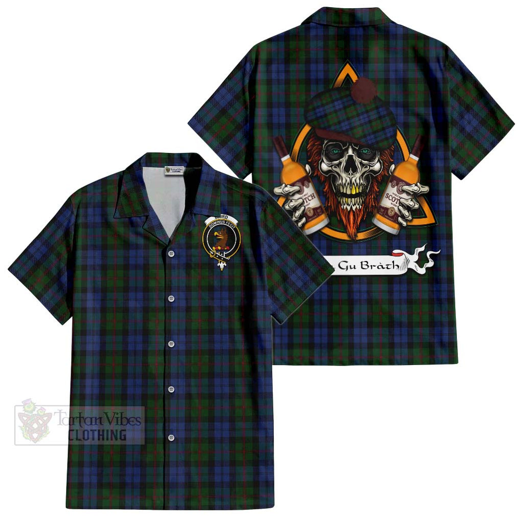 Tartan Vibes Clothing Baird Tartan Short Sleeve Button Shirt with Family Crest and Bearded Skull Holding Bottles of Whiskey