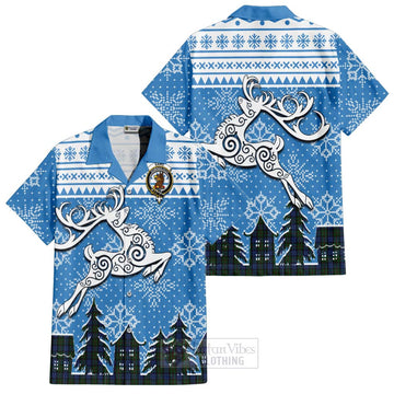 Baird Clan Christmas Short Sleeve Button Shirt Celtic Reindeer Style