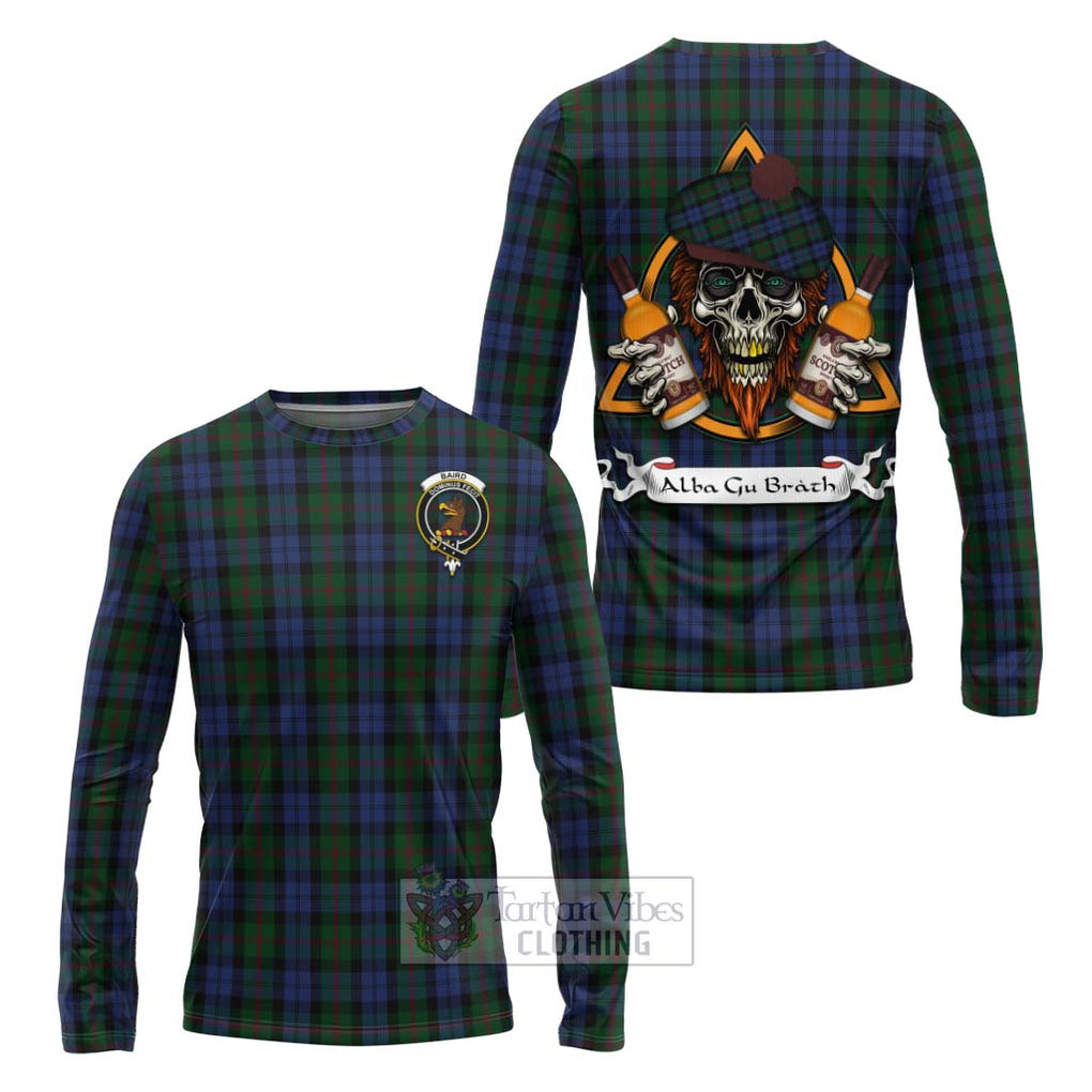 Tartan Vibes Clothing Baird Tartan Long Sleeve T-Shirt with Family Crest and Bearded Skull Holding Bottles of Whiskey