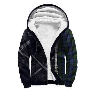 Baird Tartan Sherpa Hoodie with Family Crest Cross Sword Thistle Celtic Vibes