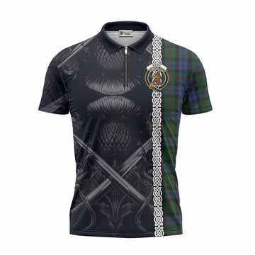 Baird Tartan Zipper Polo Shirt with Family Crest Cross Sword Thistle Celtic Vibes