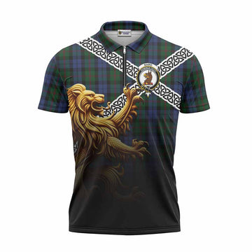 Baird Crest Tartan Zipper Polo Shirt with Golden Lion Emblem Celtic Style Unisex - Tartan Vibes Clothing