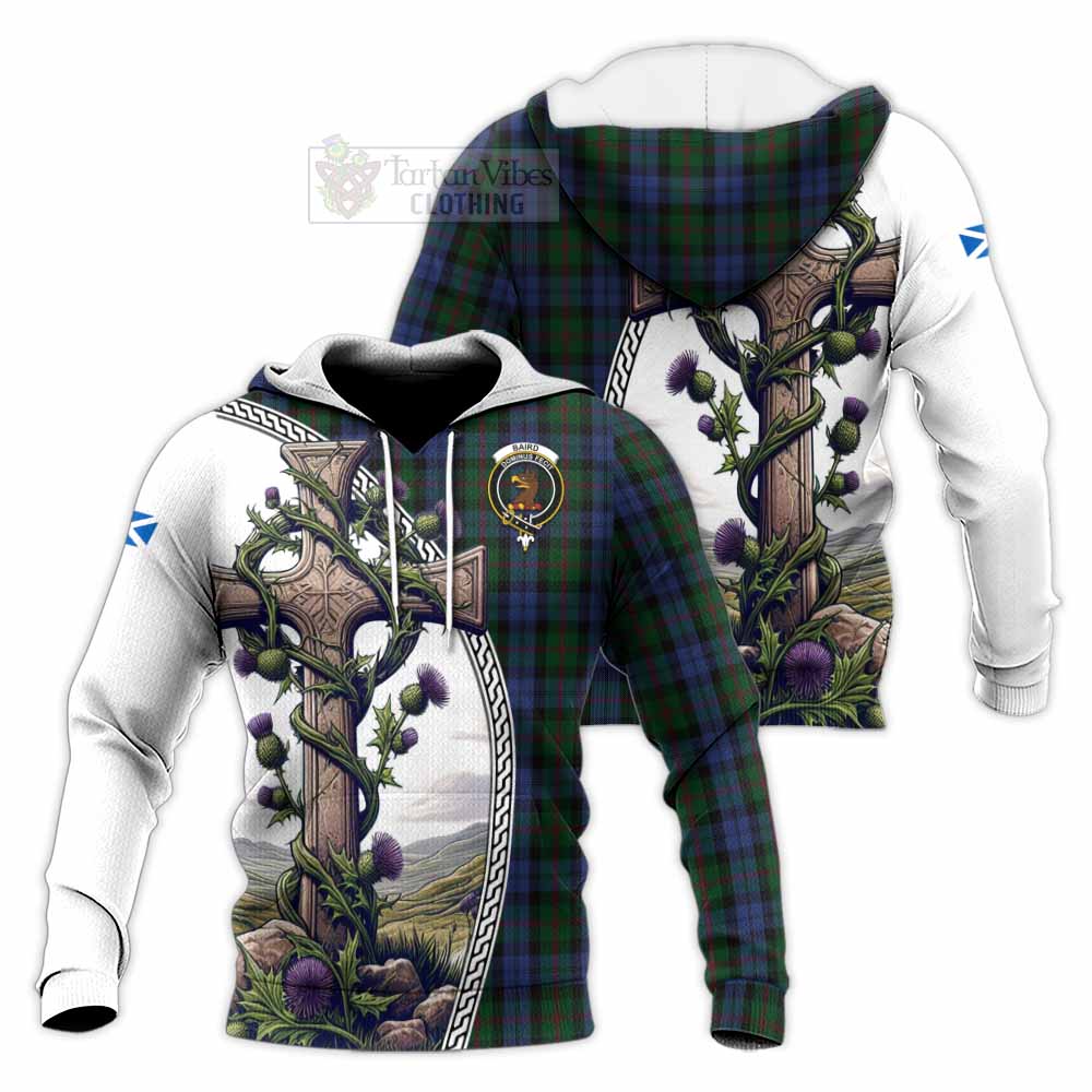 Tartan Vibes Clothing Baird Tartan Knitted Hoodie with Family Crest and St. Andrew's Cross Accented by Thistle Vines