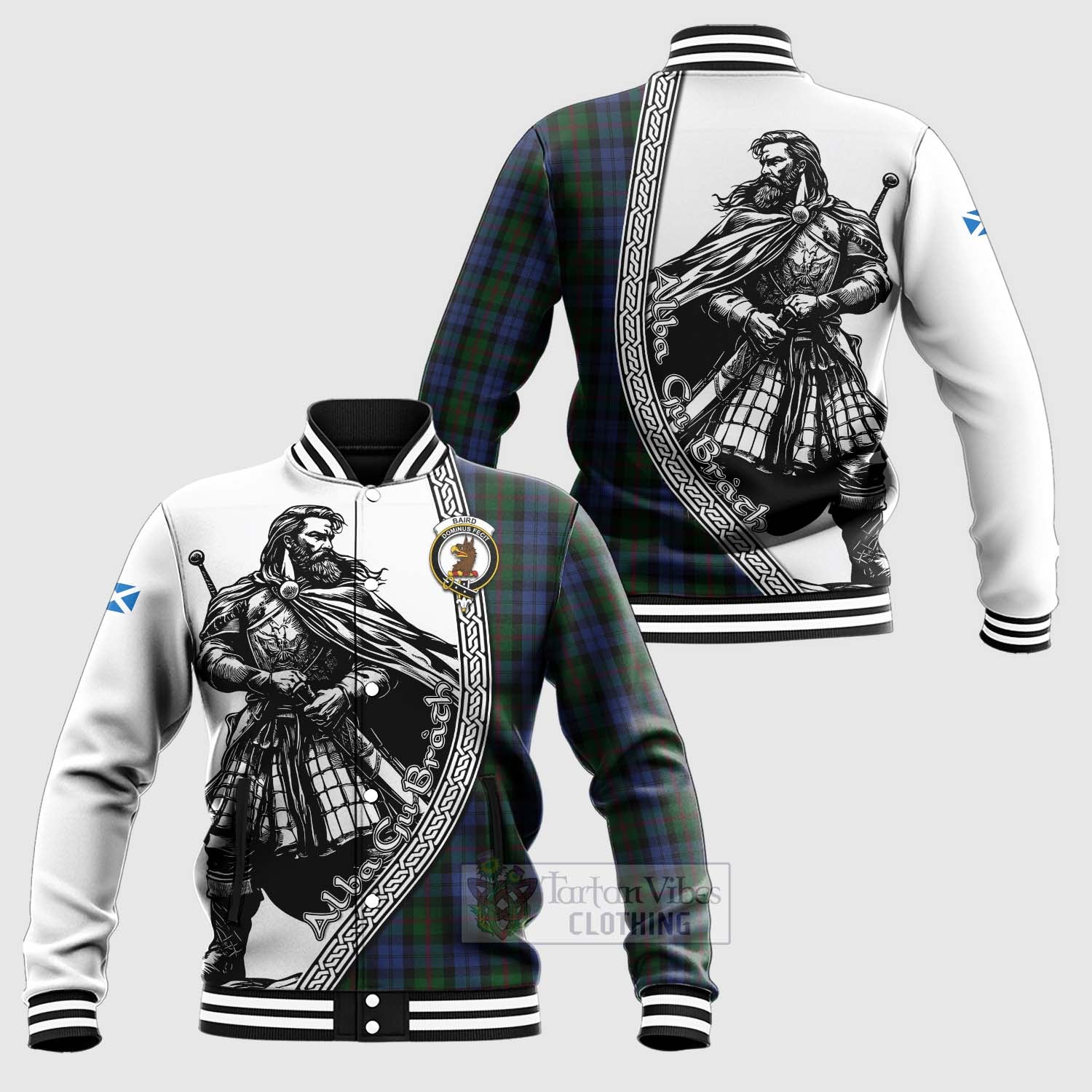 Tartan Vibes Clothing Baird Tartan Clan Crest Baseball Jacket with Highlander Warrior Celtic Style