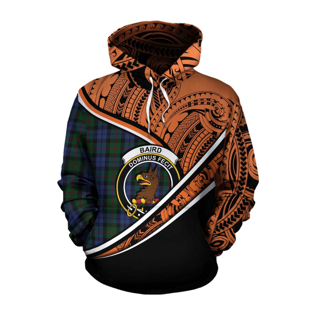 Tartan Vibes Clothing Baird Crest Tartan Cotton Hoodie with Maori Tattoo Style - Orange Version