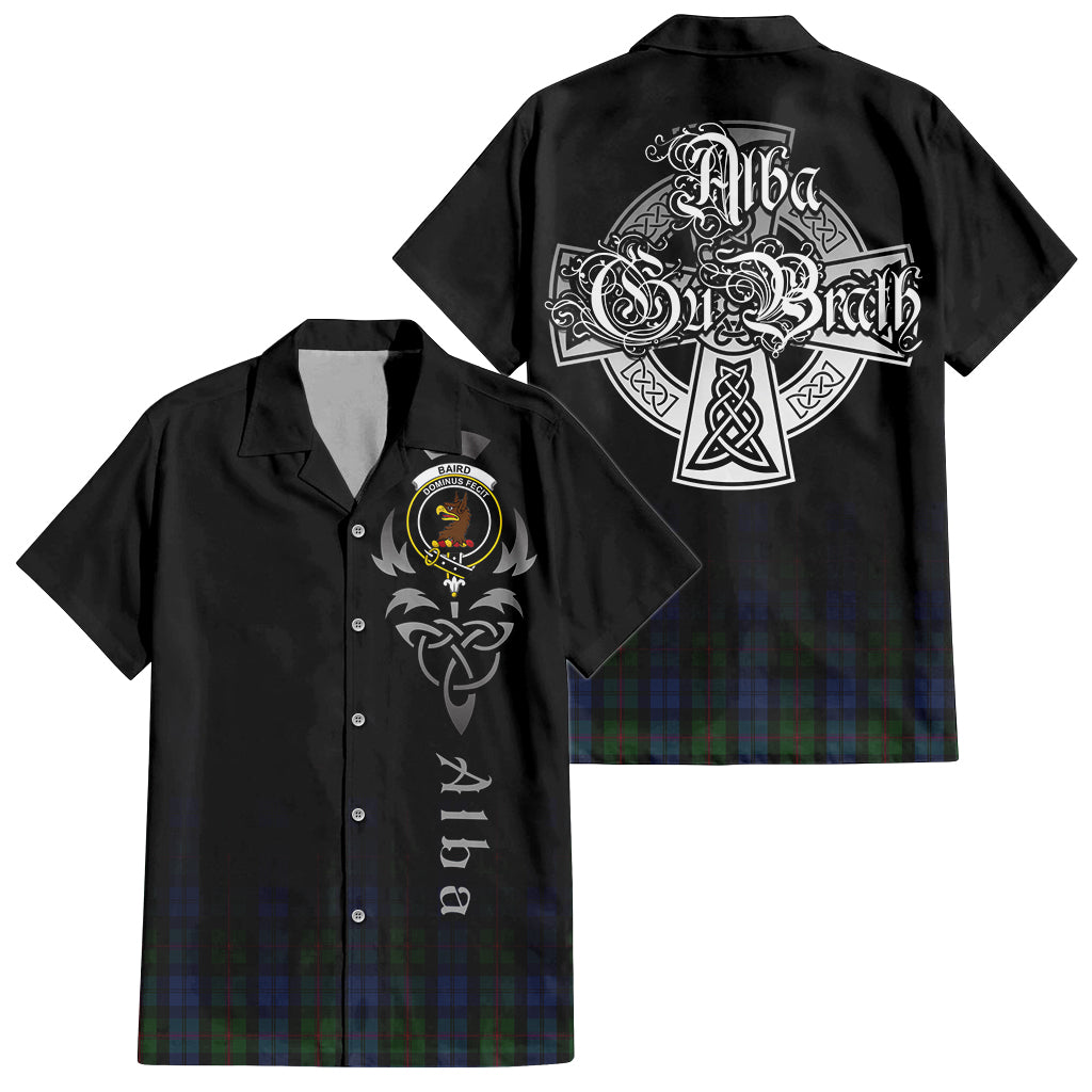 Tartan Vibes Clothing Baird Tartan Short Sleeve Button Up Featuring Alba Gu Brath Family Crest Celtic Inspired