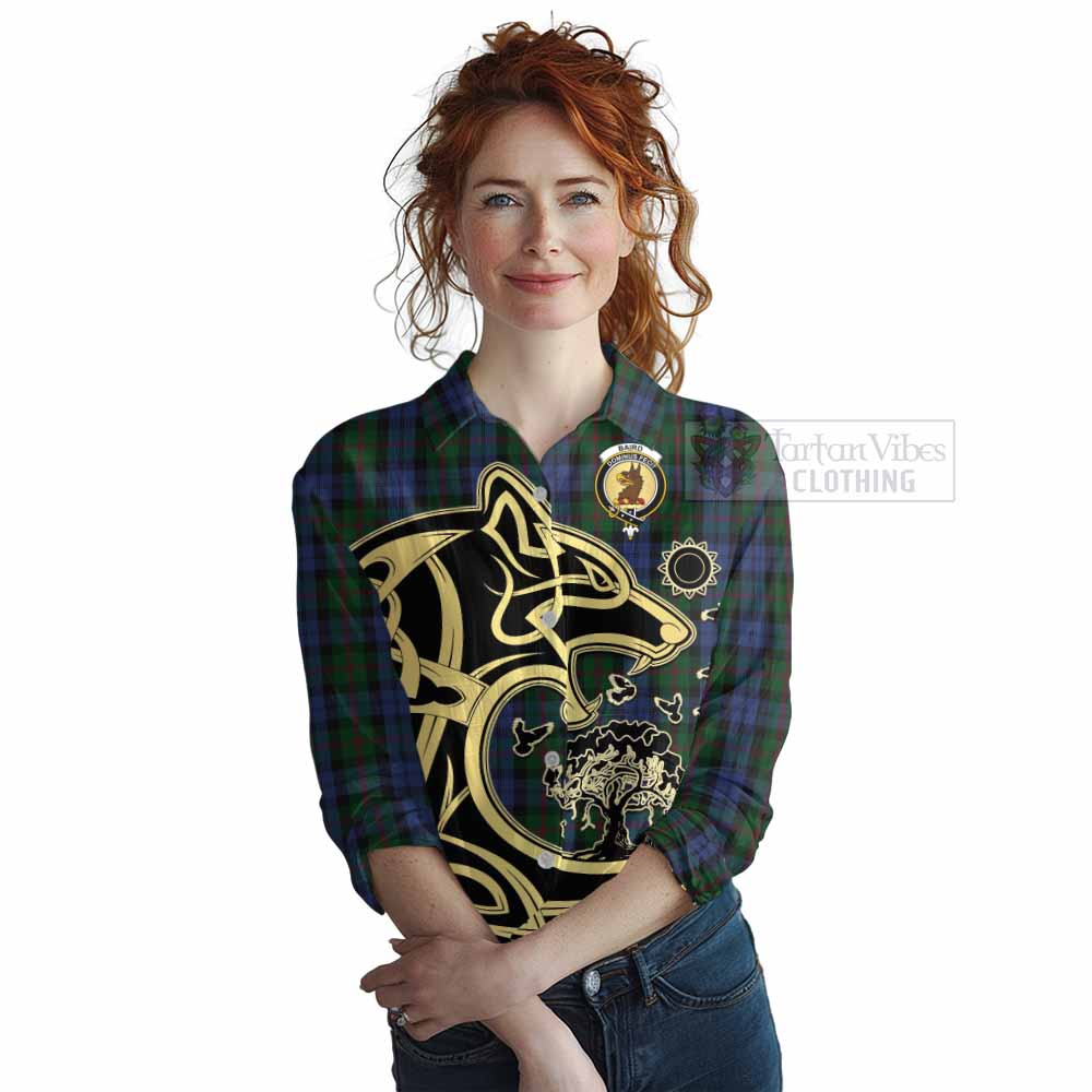 Tartan Vibes Clothing Baird Tartan Women's Casual Shirt with Family Crest Celtic Wolf Style