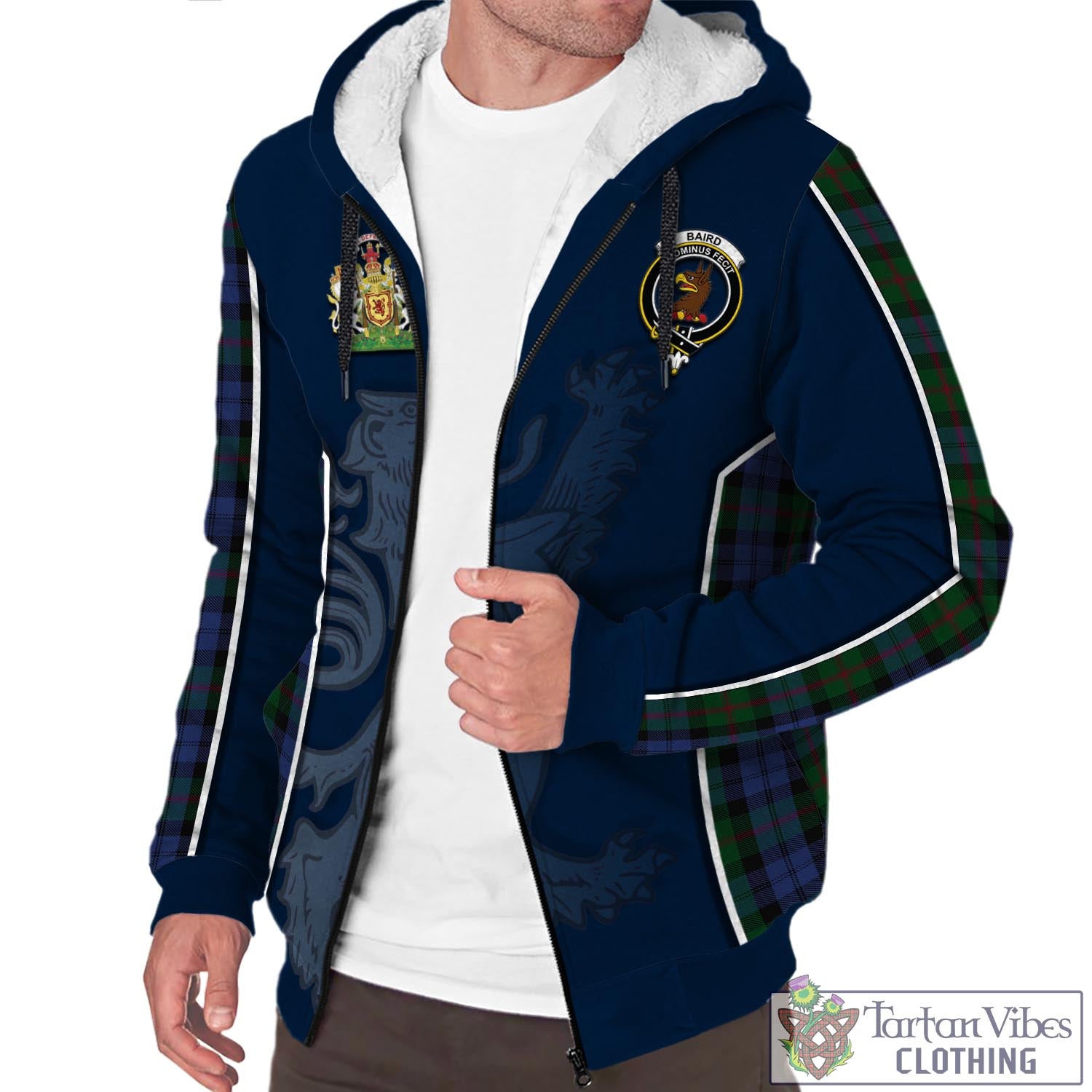 Tartan Vibes Clothing Baird Tartan Sherpa Hoodie with Family Crest and Lion Rampant Vibes Sport Style