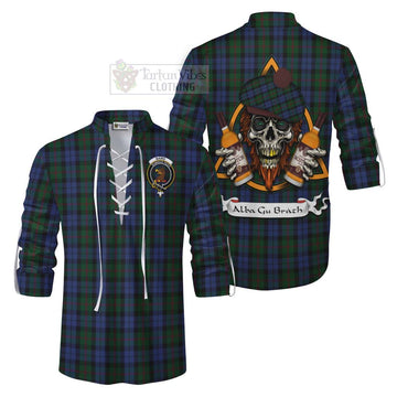 Baird Tartan Ghillie Kilt Shirt with Family Crest and Bearded Skull Holding Bottles of Whiskey