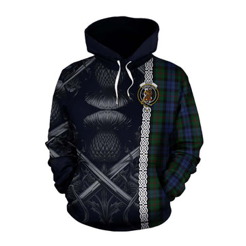 Baird Tartan Cotton Hoodie with Family Crest Cross Sword Thistle Celtic Vibes