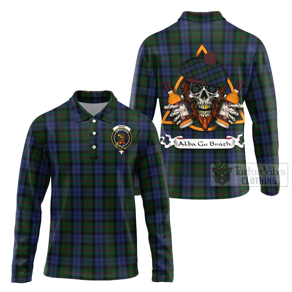 Tartan Vibes Clothing Baird Tartan Long Sleeve Polo Shirt with Family Crest and Bearded Skull Holding Bottles of Whiskey